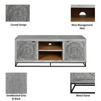 63 Inch Handcrafted TV Media Entertainment Console, 2 Medallion Engraved Doors, Sandblasted Gray Mango Wood, Black Iron Stand - UPT-271295