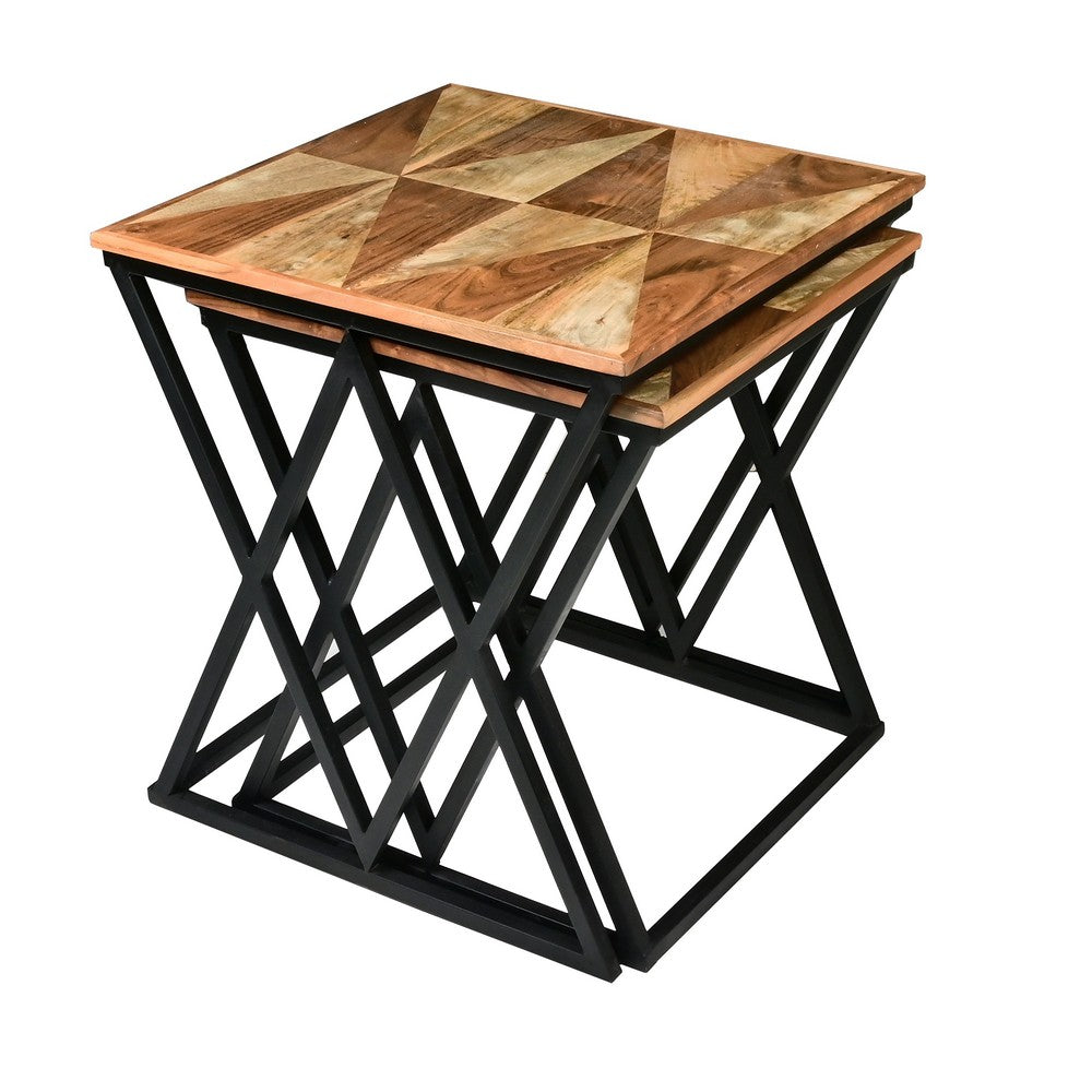 Madeline 25, 23 Inch Square 2 Piece Nesting End Table Set, Wood Top, Iron Frame, Brown and Black - UPT-271298