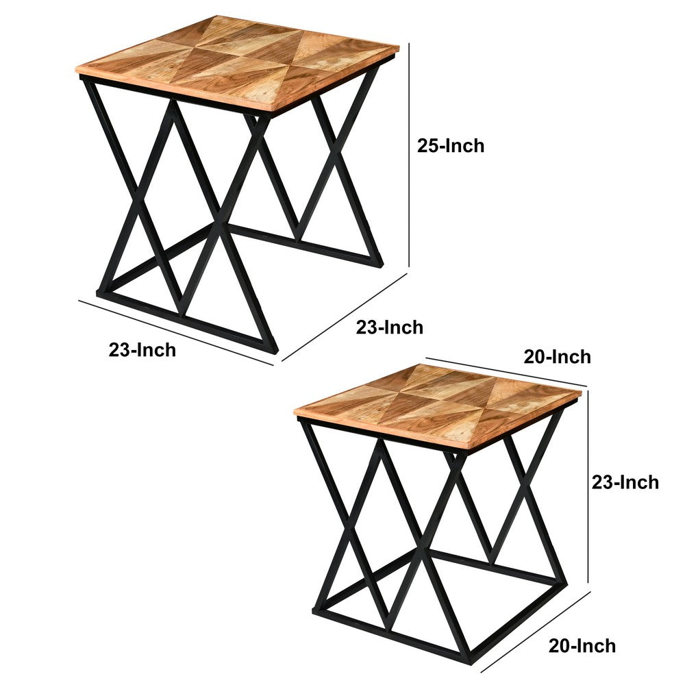 Madeline 25, 23 Inch Square 2 Piece Nesting End Table Set, Wood Top, Iron Frame, Brown and Black - UPT-271298