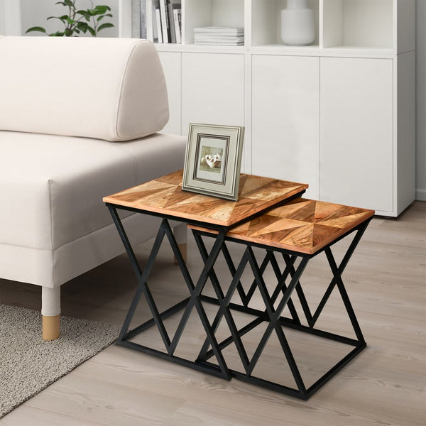 Madeline 25, 23 Inch Square 2 Piece Nesting End Table Set, Wood Top, Iron Frame, Brown and Black - UPT-271298