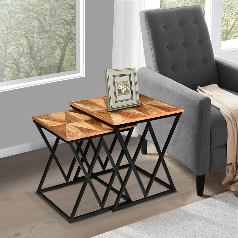 Madeline 25, 23 Inch Square 2 Piece Nesting End Table Set, Wood Top, Iron Frame, Brown and Black - UPT-271298