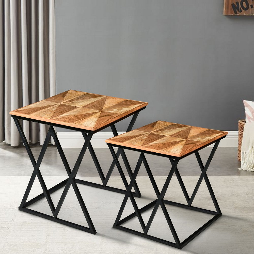 Madeline 25, 23 Inch Square 2 Piece Nesting End Table Set, Wood Top, Iron Frame, Brown and Black - UPT-271298