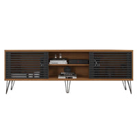 71 Inch Arthur Wooden TV Stand with 2 Slatted Sliding Doors, Walnut Brown and Black - UPT-271301