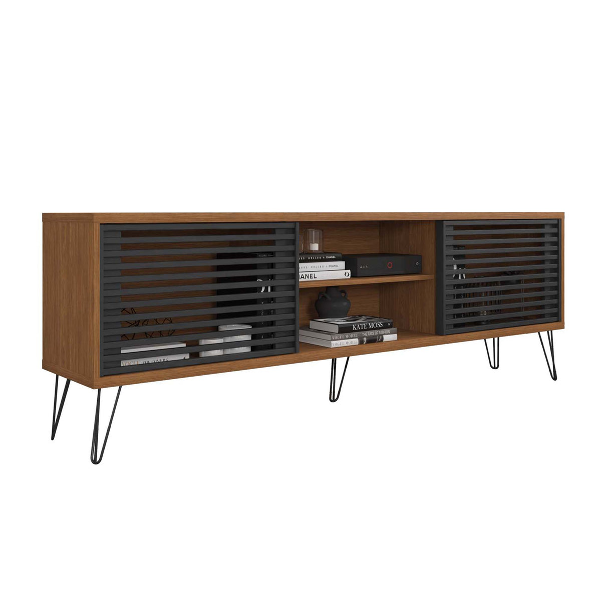 71 Inch Arthur Wooden TV Stand with 2 Slatted Sliding Doors, Walnut Brown and Black - UPT-271301