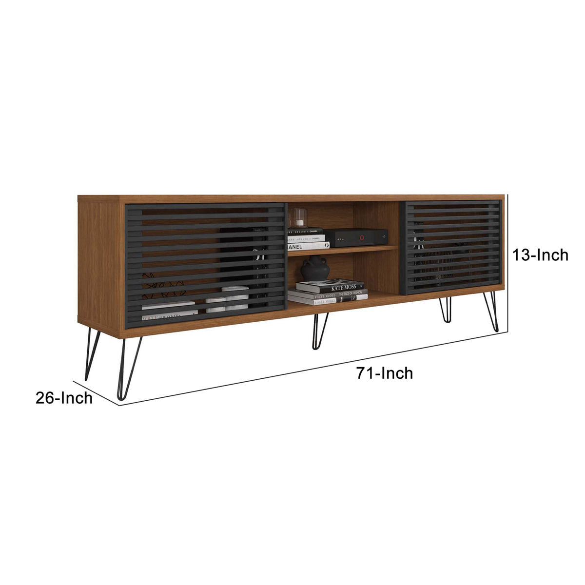 71 Inch Arthur Wooden TV Stand with 2 Slatted Sliding Doors, Walnut Brown and Black - UPT-271301