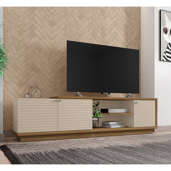 76.77 Inch Wooden TV Stand with 3 Doors and Grain Details, Brown and Off White - UPT-271302