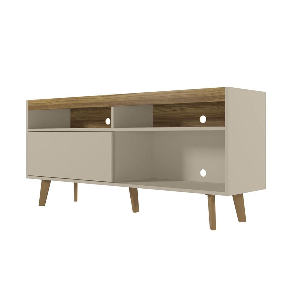 54 Inch Wooden TV Stand with 1 Sliding Door and 3 Compartments, Brown and Off White - UPT-271304