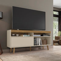 54 Inch Wooden TV Stand with 1 Sliding Door and 3 Compartments, Brown and Off White - UPT-271304