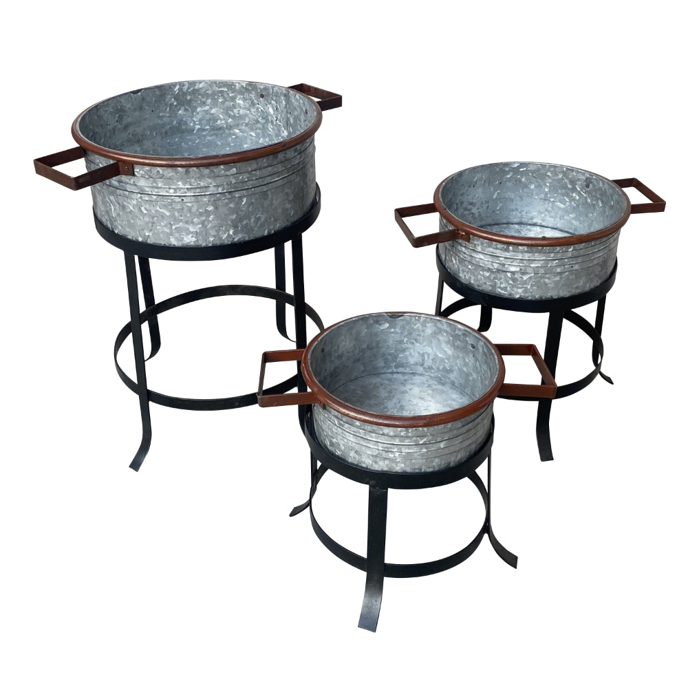 21, 18, and 16 Inch 3 Piece Round Tub Metal Planter Set with Stand in Galvanized Gray and Black Iron - UPT-271316