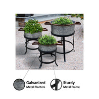 21, 18, and 16 Inch 3 Piece Round Tub Metal Planter Set with Stand in Galvanized Gray and Black Iron - UPT-271316