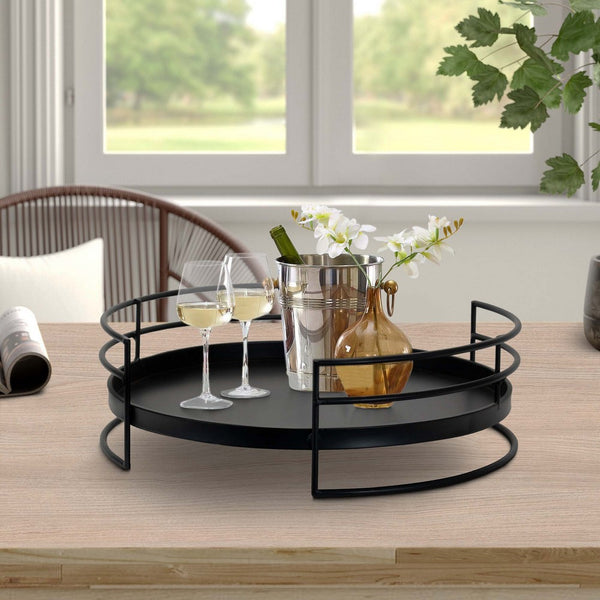 15 Inch Industrial Round Server Tray with Handle, Black Iron Frame - UPT-271318