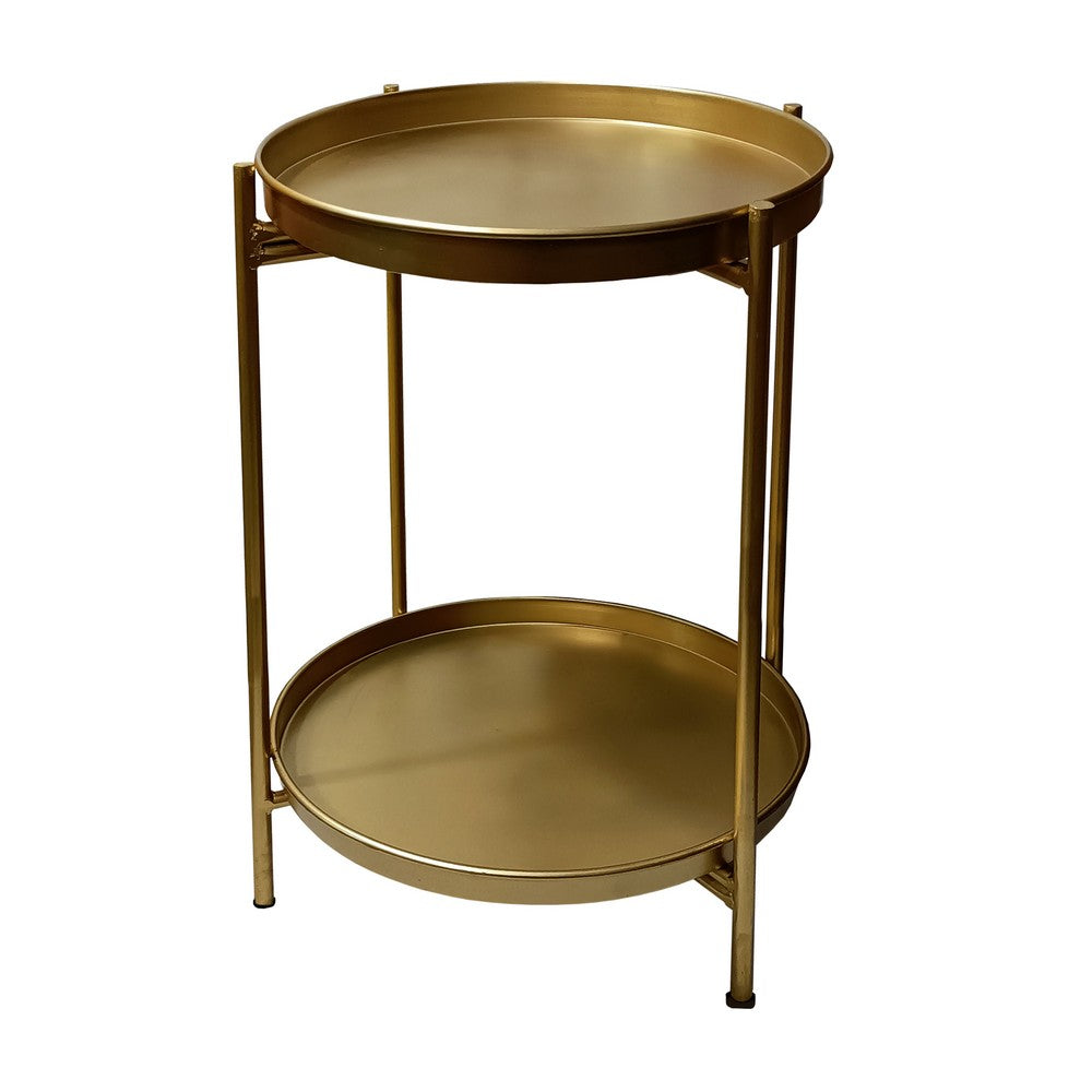 Vica 20 Inch High Round Side End Table with 2 Tier Iron Frame, Matte Gold - UPT-271319