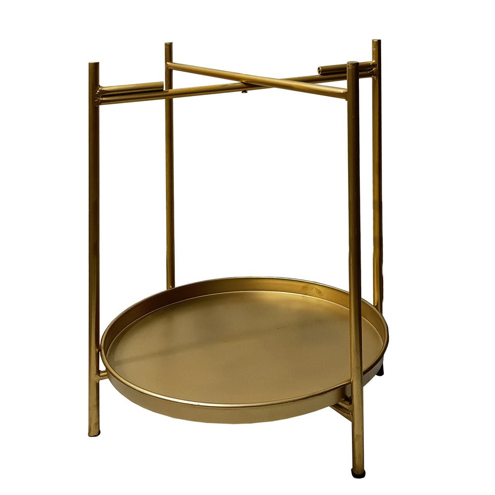 Vica 20 Inch High Round Side End Table with 2 Tier Iron Frame, Matte Gold - UPT-271319