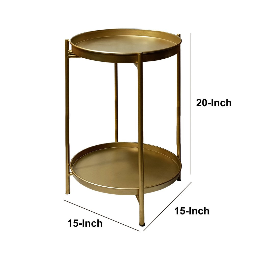 Vica 20 Inch High Round Side End Table with 2 Tier Iron Frame, Matte Gold - UPT-271319