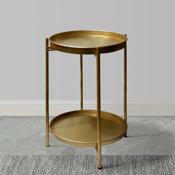 Vica 20 Inch High Round Side End Table with 2 Tier Iron Frame, Matte Gold - UPT-271319