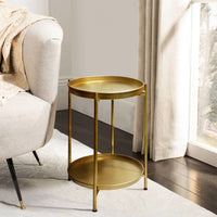 Vica 20 Inch High Round Side End Table with 2 Tier Iron Frame, Matte Gold - UPT-271319