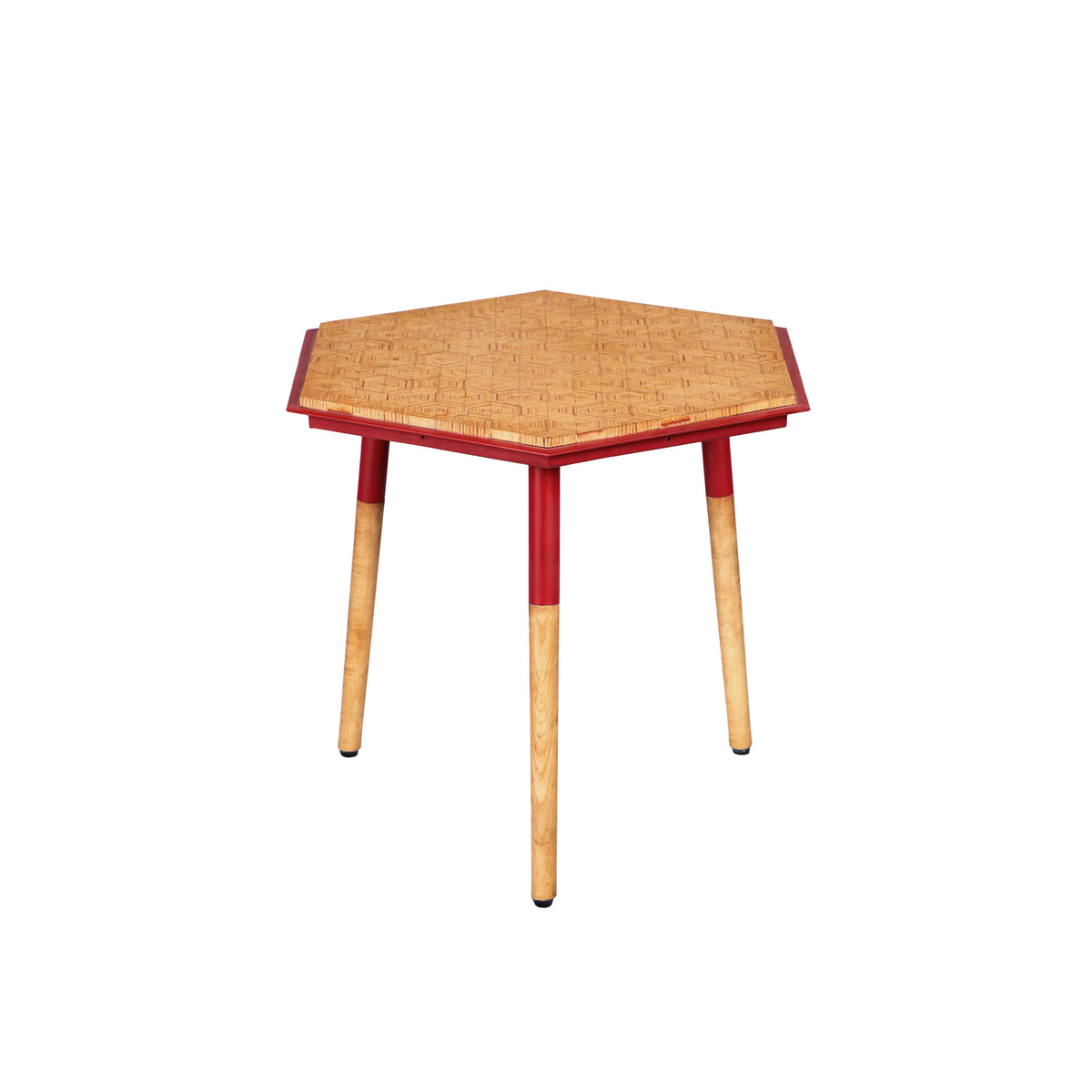 Paige 18 Inch Side End Table, Hexagonal Top, Abstract Design, Brown, Red - UPT-272005