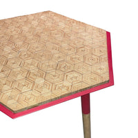 Paige 18 Inch Side End Table, Hexagonal Top, Abstract Design, Brown, Red - UPT-272005