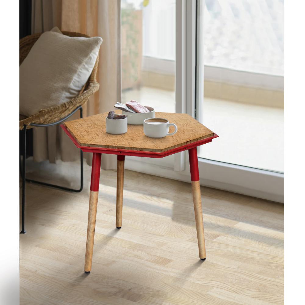 Paige 18 Inch Hexagon Illusion Wood Side Table, Brown, Red - UPT-272005