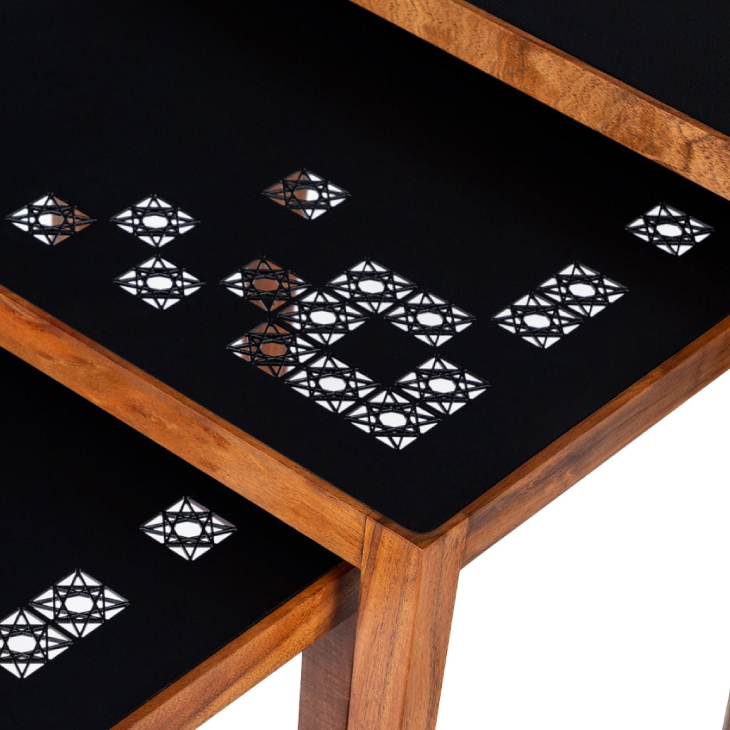 Alba 22 Inch 3 Piece Nesting Table Set, Laser Cut Metal, Black, Brown - UPT-272006