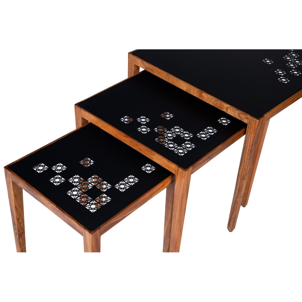 Alba 22 Inch 3 Piece Nesting Table Set, Laser Cut Metal, Black, Brown - UPT-272006