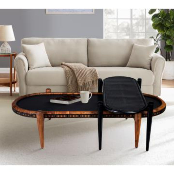 50, 39 Inch 2 Piece Oval Acacia Wood and Metal Nesting Coffee Table Set, Brown and Black - UPT-272007