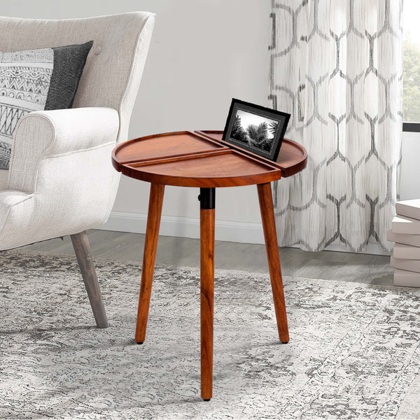18 Inch Round Acacia Wood Side Accent End Table with 3 Tabletop Sections, Warm Brown - UPT-272009