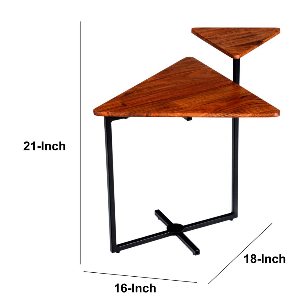 Geo Collection 21 Inch Triangular Acacia Wood Accent End Table with 2 Tier Tabletops, Brown, Black - UPT-272011