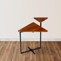 Geo Collection 21 Inch Triangular Acacia Wood Accent End Table with 2 Tier Tabletops, Brown, Black - UPT-272011