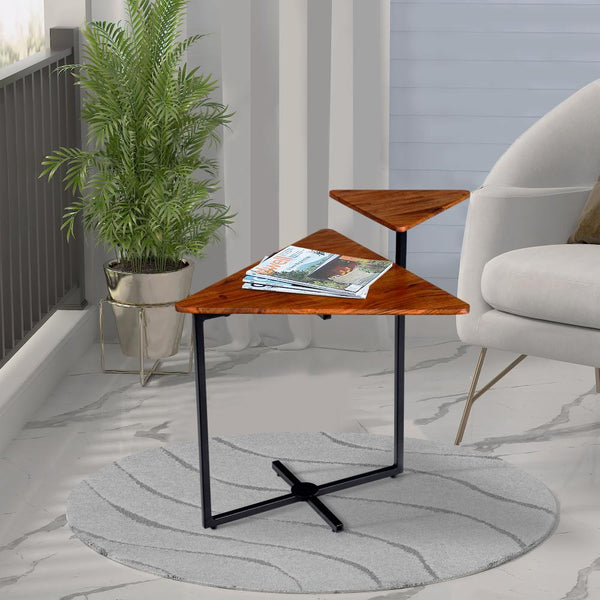 Geo Collection 21 Inch Triangular Acacia Wood Accent End Table with 2 Tier Tabletops, Brown, Black - UPT-272011