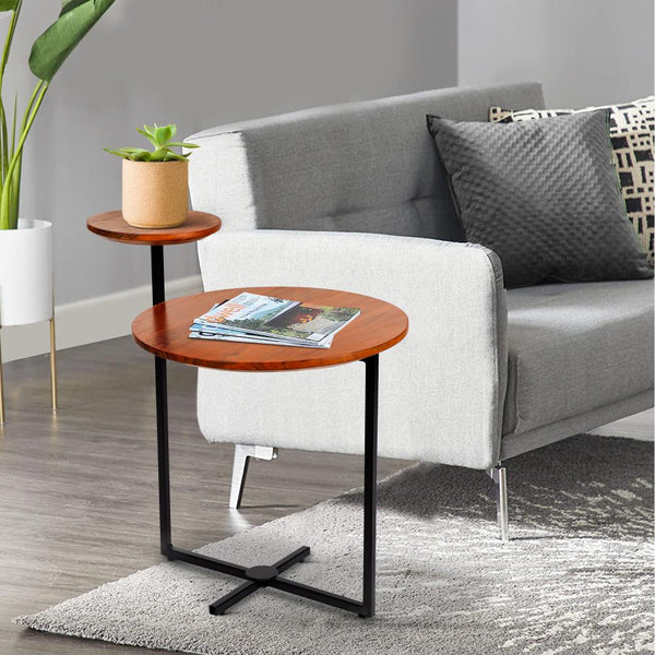 Geo Collection 21 Inch Round Acacia Wood Accent End Table with 2 Tier Tabletops, Brown, Black - UPT-272012