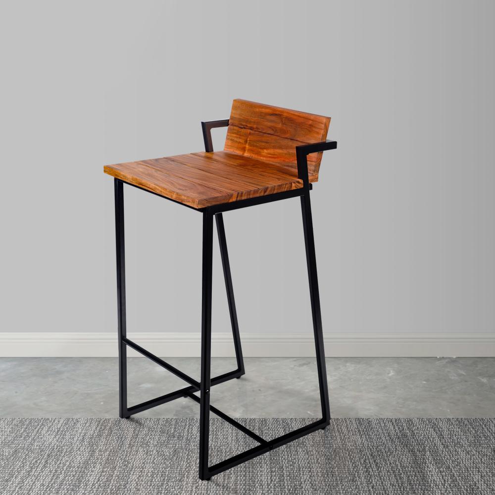 35 Inch Industrial Style Acacia Wood Barstool with Metal Frame, Brown and Black - UPT-272013