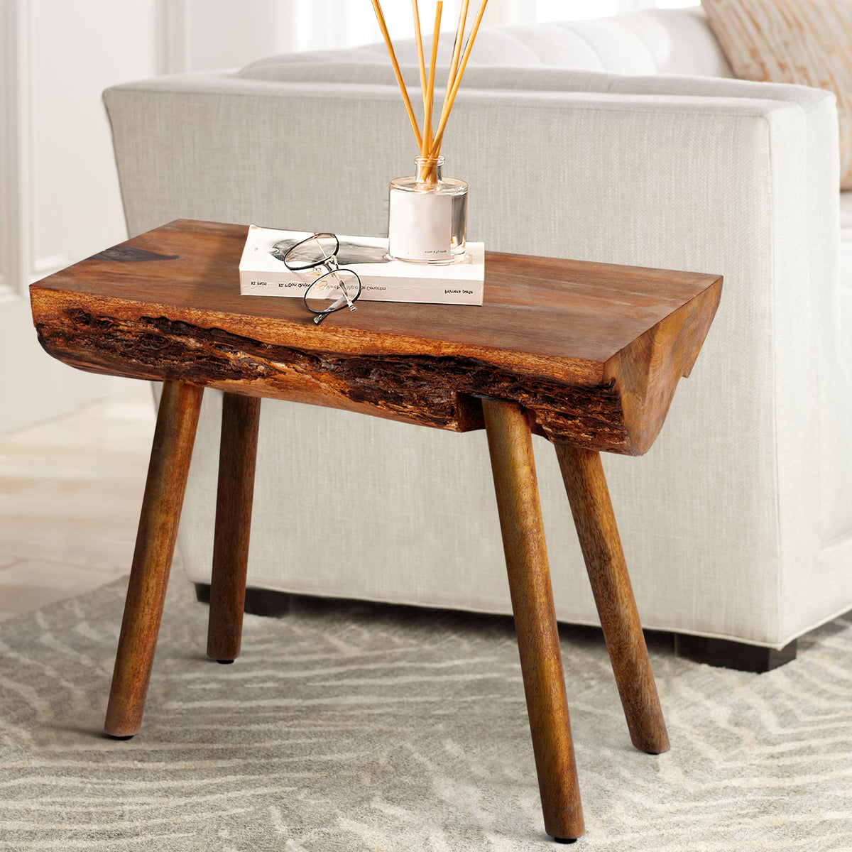 18 Inch Rectangular Mango Wood Accent Side Table with Live Edge Log Top, Warm Brown - UPT-272014