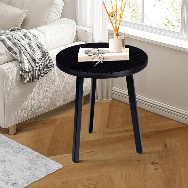 18 Inch Round Mango Wood Side End Table, Grooved Design, Metal Legs, Black - UPT-272016