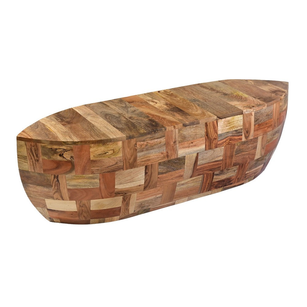 42 Inch Mango Wood Oval Canoe Shape Coffee Table, Weathered Brown - UPT-272521