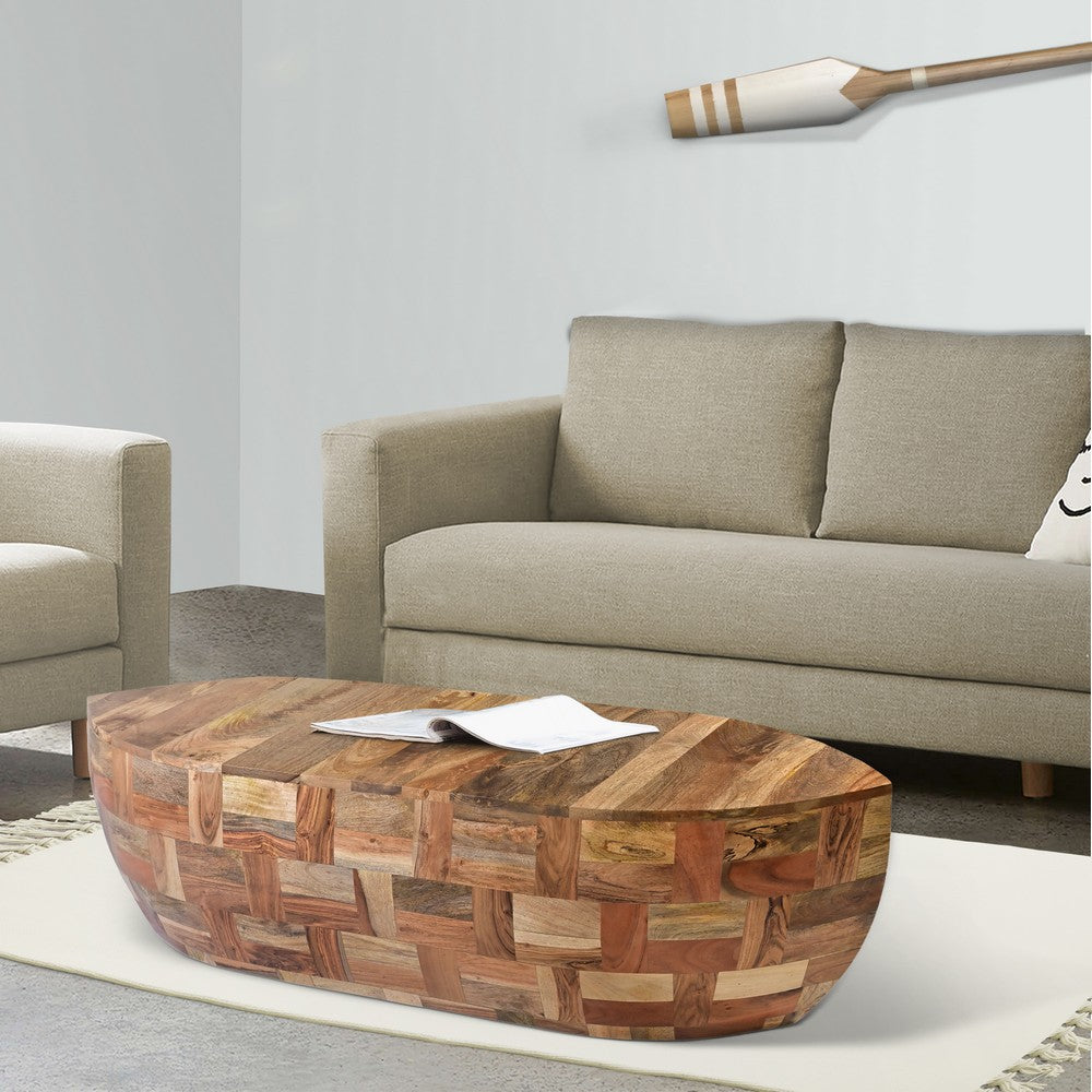 42 Inch Mango Wood Oval Canoe Shape Coffee Table, Weathered Brown - UPT-272521