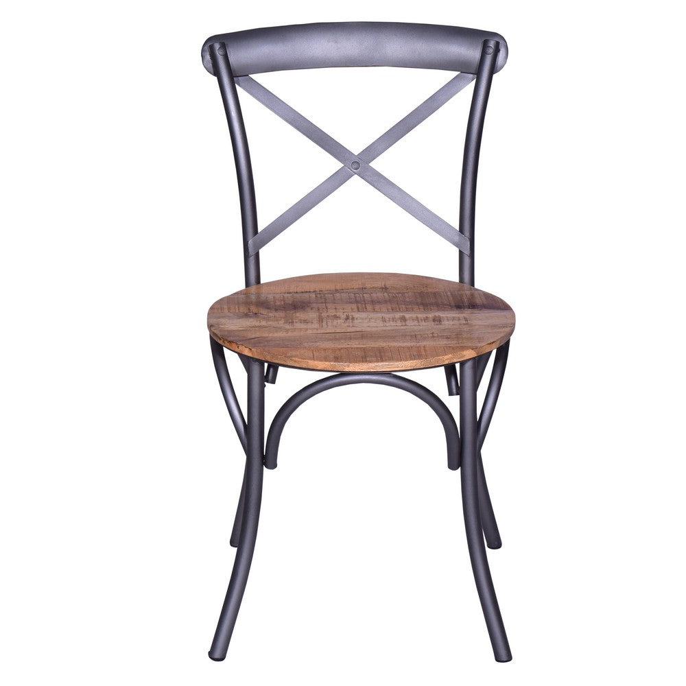 19 Inch Industrial Dining Accent Chair with Mango Wood Seat, Open X Iron Backrest, Metallic Gray, Brown - UPT-272523