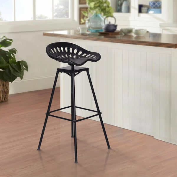 38 Inch Industrial Metal Barstool, Swivel And Adjustable Seat Height, Angled Legs, Black - UPT-272524