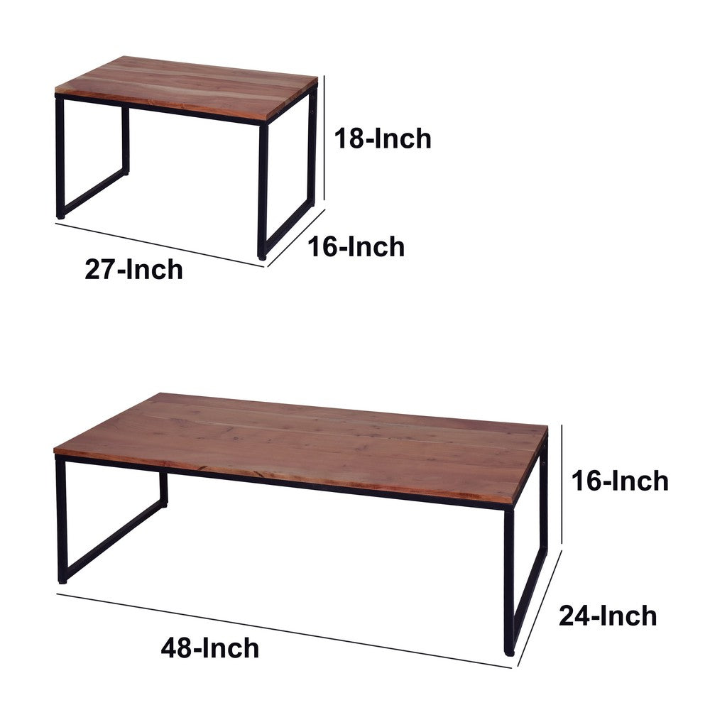 48, 27 Inch 2 Piece Rectangular Wood Nesting Coffee and End Table Set, Sled Metal Base, Brown, Black - UPT-272525