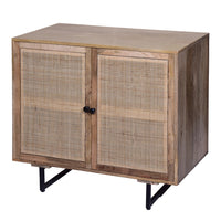 35 Inch Handcrafted Accent Cabinet with 2 Mesh Rattan Doors, Black Iron Legs, Natural Brown Mango Wood Frame - UPT-272530