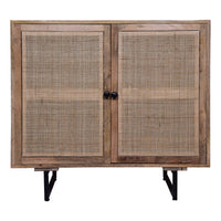 35 Inch Handcrafted Accent Cabinet with 2 Mesh Rattan Doors, Black Iron Legs, Natural Brown Mango Wood Frame - UPT-272530