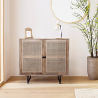 35 Inch Handcrafted Accent Cabinet with 2 Mesh Rattan Doors, Black Iron Legs, Natural Brown Mango Wood Frame - UPT-272530