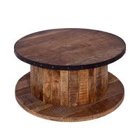 36 Inch Mango Wood Farmhouse Coffee Table with Rustic Plank Style Round Top and Base, Walnut and Natural Brown - UPT-272532