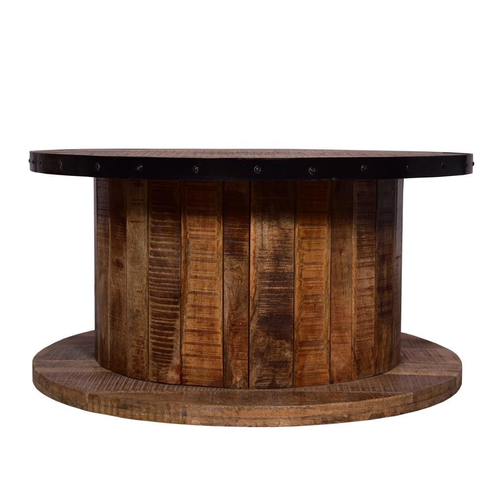 36 Inch Mango Wood Farmhouse Coffee Table with Rustic Plank Style Round Top and Base, Walnut and Natural Brown - UPT-272532