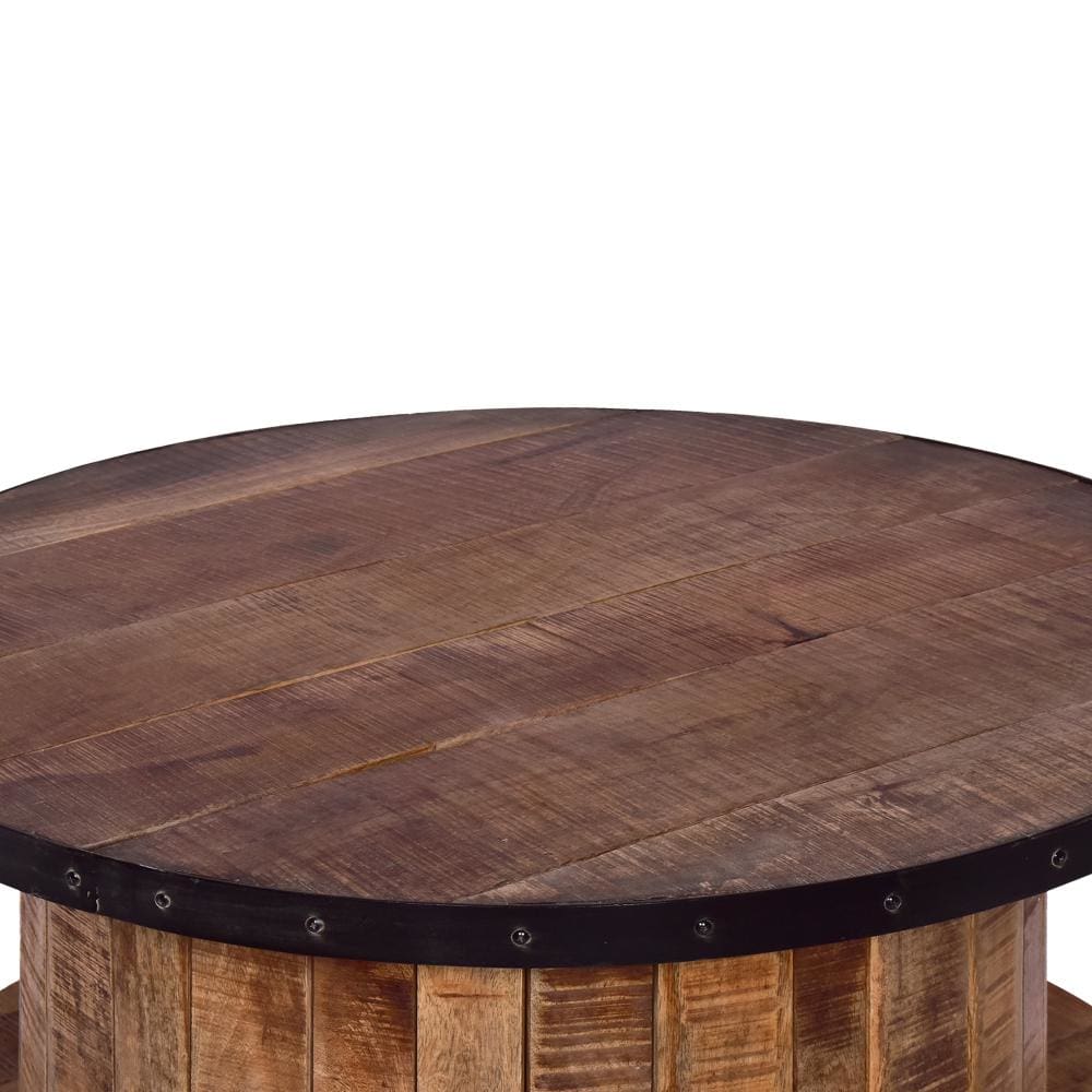 36 Inch Mango Wood Farmhouse Coffee Table with Rustic Plank Style Round Top and Base, Walnut and Natural Brown - UPT-272532