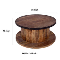 36 Inch Mango Wood Farmhouse Coffee Table with Rustic Plank Style Round Top and Base, Walnut and Natural Brown - UPT-272532