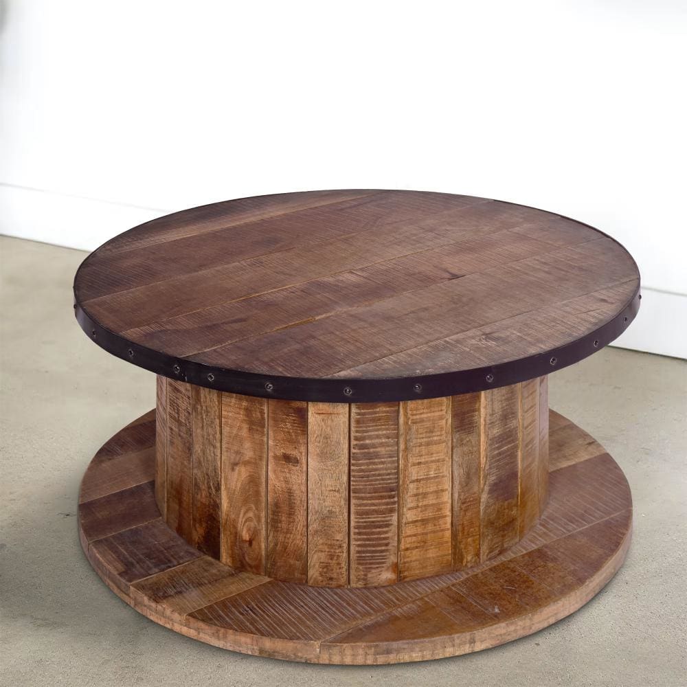 36 Inch Mango Wood Farmhouse Coffee Table with Rustic Plank Style Round Top and Base, Walnut and Natural Brown - UPT-272532