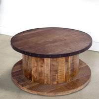 36 Inch Mango Wood Farmhouse Coffee Table with Rustic Plank Style Round Top and Base, Walnut and Natural Brown - UPT-272532