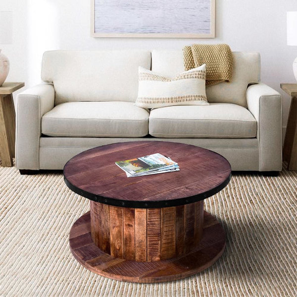 36 Inch Mango Wood Farmhouse Coffee Table with Rustic Plank Style Round Top and Base, Walnut and Natural Brown - UPT-272532