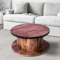 36 Inch Mango Wood Farmhouse Coffee Table with Rustic Plank Style Round Top and Base, Walnut and Natural Brown - UPT-272532